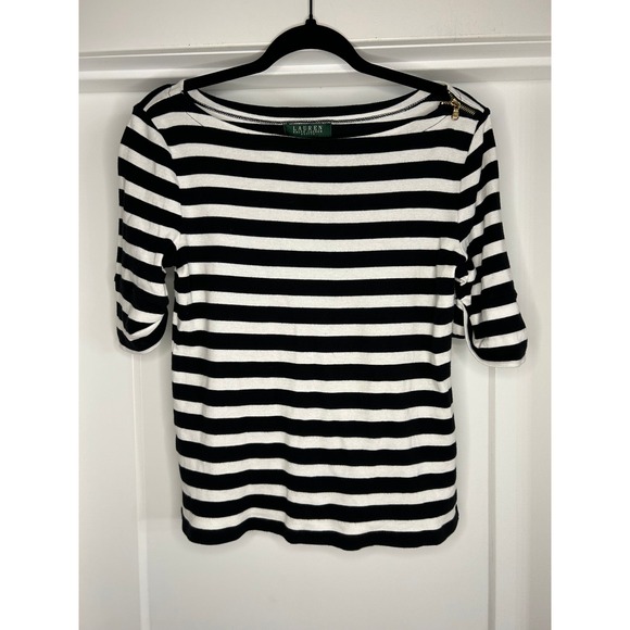 Lauren Ralph Lauren Tops - Lauren Ralph Lauren Petite Black White‎ Striped Boat Neck Zip Top PM Cotton